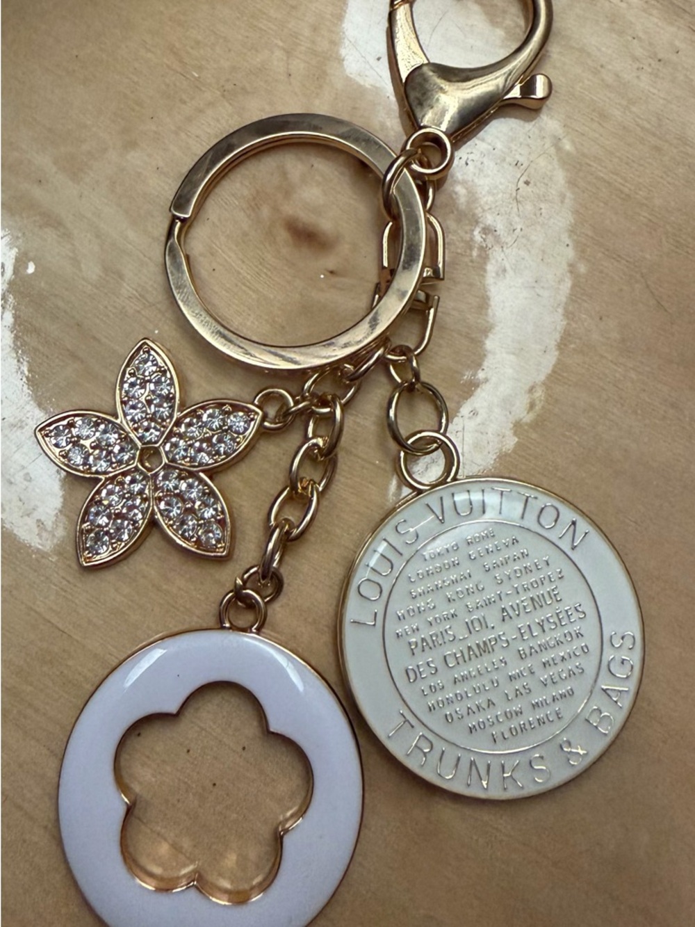 Upcycled Louis Vuitton Gold-Tone and White Charm Key Ring